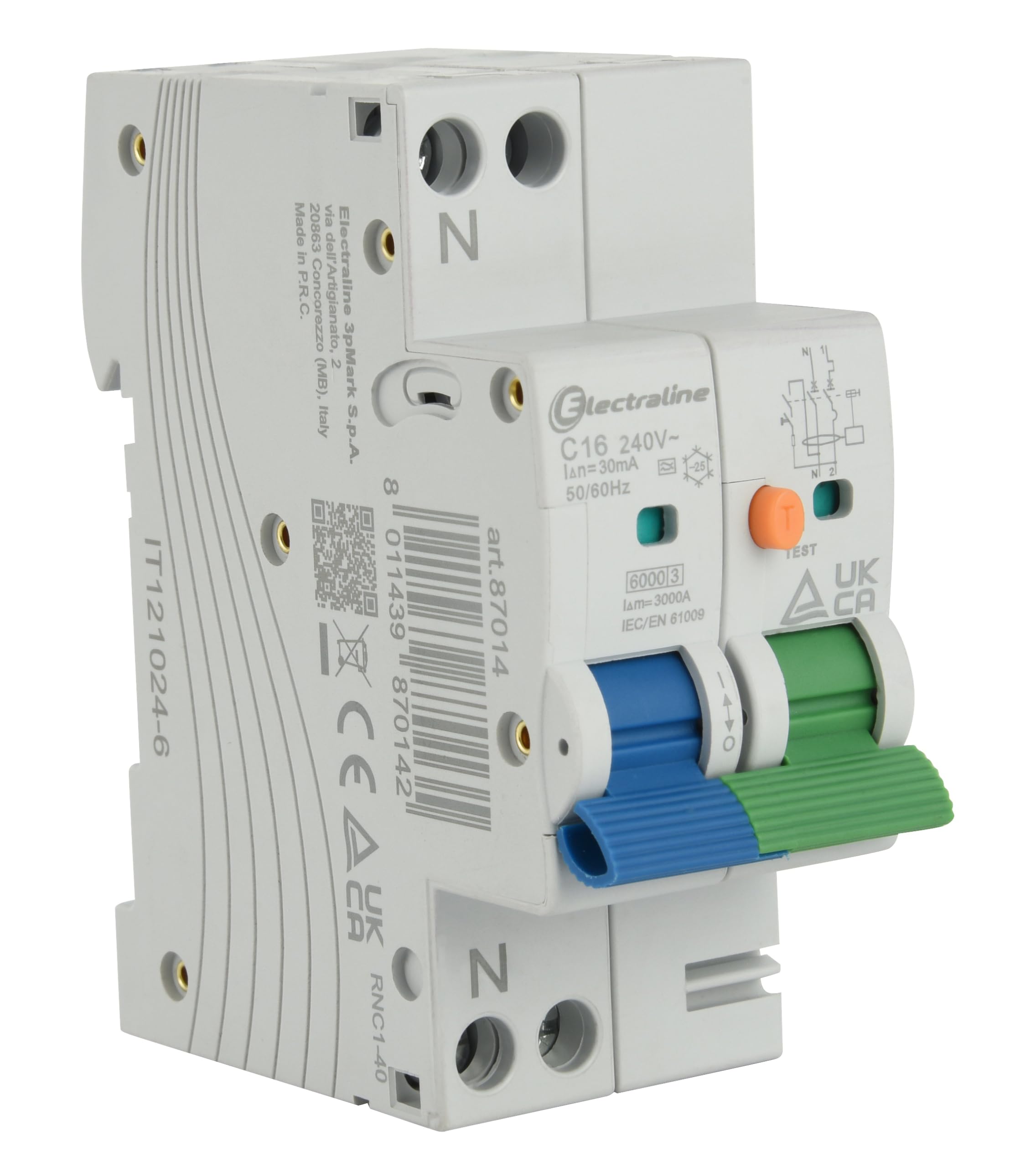 Electraline 87014 Interruttore Magnetotermico Differenziale (RCBO), 16A, Tipo A, Curva C, Sensibilità 30mA, Connessione 1P+N,