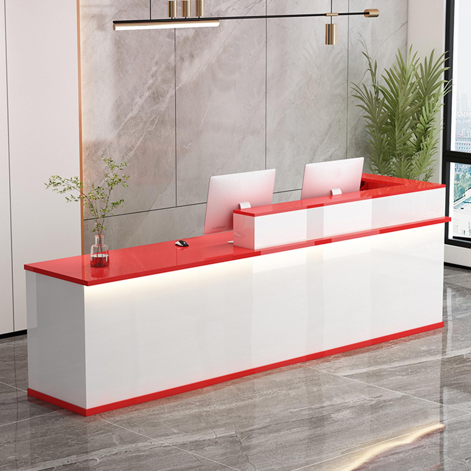 Modern Reception Desk with Counter, LED Lights Small Reception Desk,L-Shape Retail Counter Checkout, Front Office Desk for Company Lobby Store(47.2"/120cm, E)