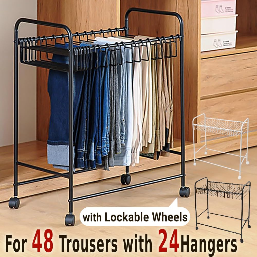 Japard Pants Organizer Rack Trolley with 24 Double Hangers Rolling Trouser Metal Rack, Space Saving Closet - 48 Storage Pants Jeans Scarf (White - 24 Hangers)