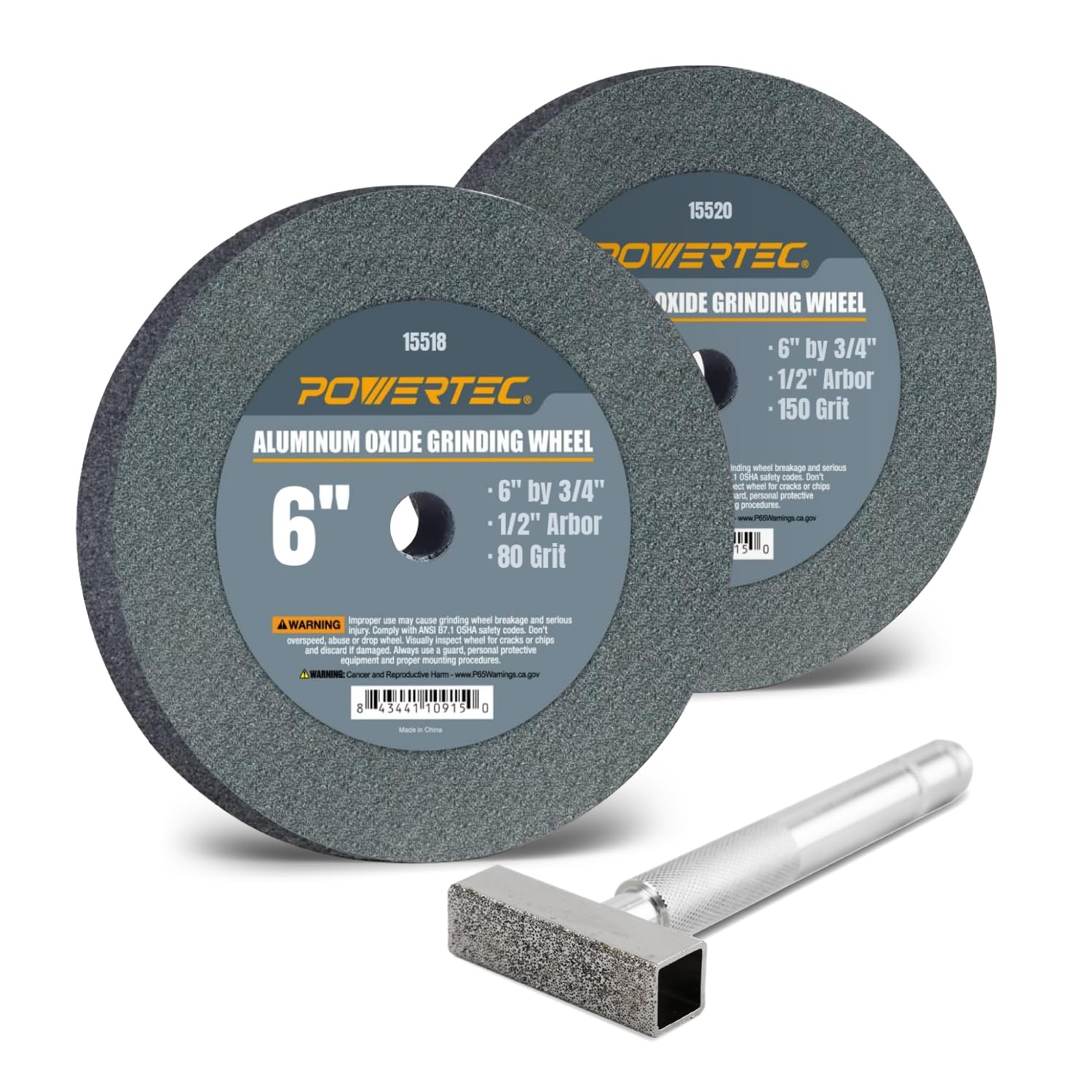 POWERTEC Bench Grinder Wheel + Diamond Wheel Dresser 6 Inch 80 & 150 Grit, Aluminum Oxide Grinding Wheel for Bench Pedestal Grinder, 3/4" Thick 1/2" Arbor, Sharpening Shaping Blade, Chisel, Drill Bits