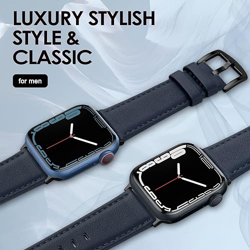 Vista 35 de Correa de cuero compatible con correas de Apple Watch de 1.811 in, 1.772 in, 1.732 in, 1.654 in (Serie 1/2/3) para hombres y mujeres, correa de Azul