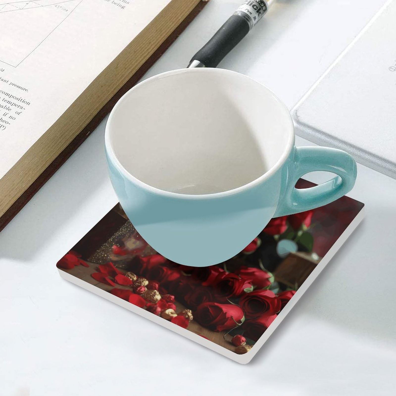 6 posavasos cuadrados de cerámica para bebidas, vino y flores en la mesa, posavasos impresos para el hogar y el café, regalos de cumpleaños, adecuados para tipos de tazas