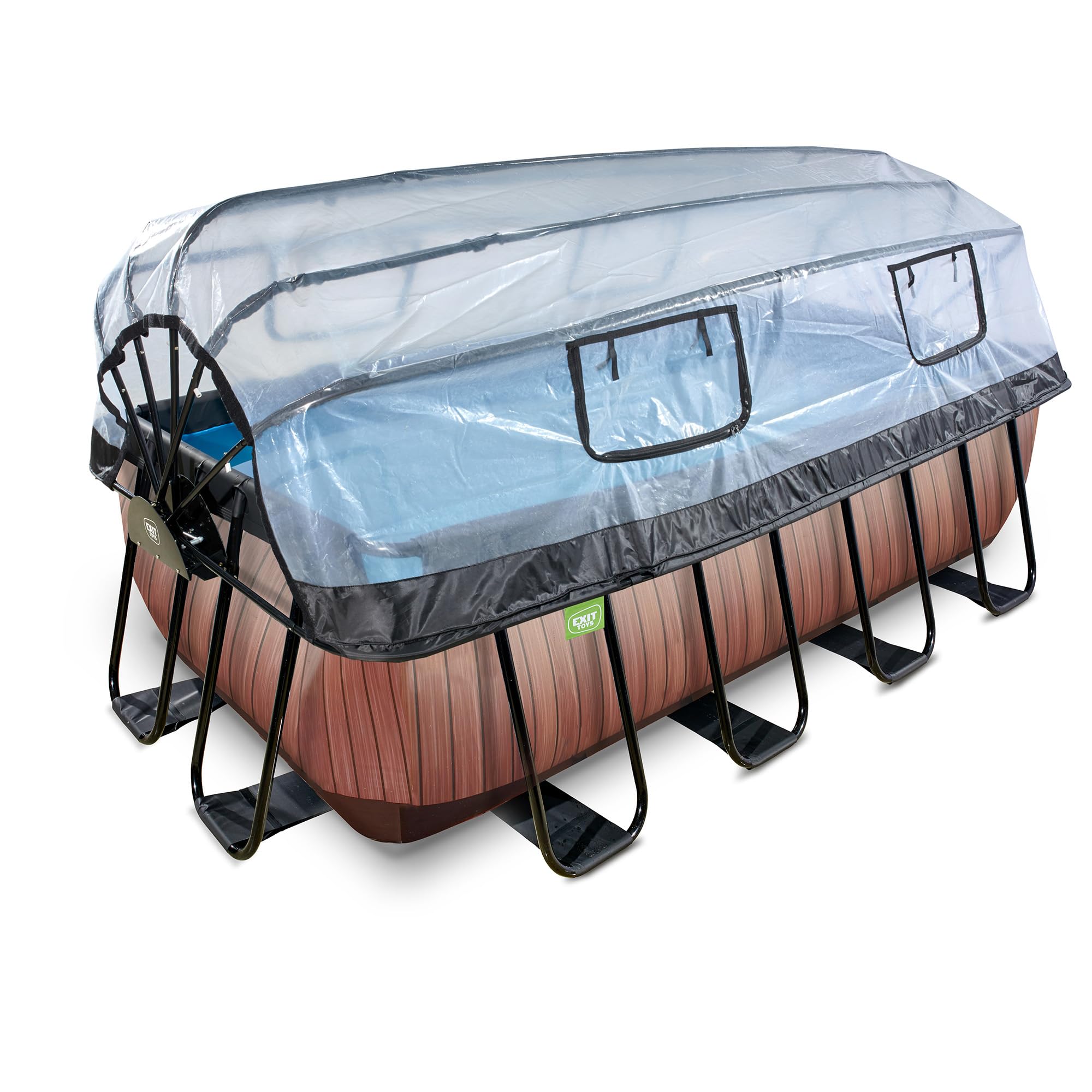 EXIT Toys Piscine Wood avec dôme Multifonctionnel - 400x200x122cm - Grande Piscine rectangulaire avec Pompe à Filtre à Sable et échelle - Extra Profonde - Eau de Piscine Propre et Chaude - Marron