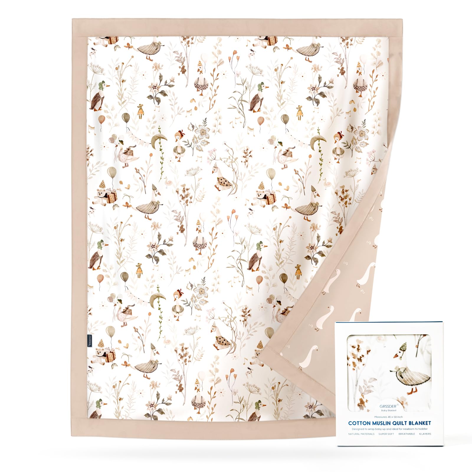 GRSSDER Cotton Muslin Quilt Blanket - Silky Soft and Breathable Baby Blanket Quilt, Oversized Muslin Blankets for Newborns, Toddlers &amp; Kids, 6 Layers Reversible Design for All Seasons, 40" x 50"