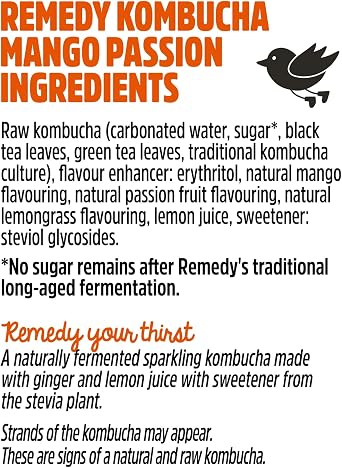 Remedy Kombucha Tea - Mango Passion - Sparkling Live Cultured, Naturally Sugar Free Soft Drink - Probiotic for Gut Health - 6 x 700ml