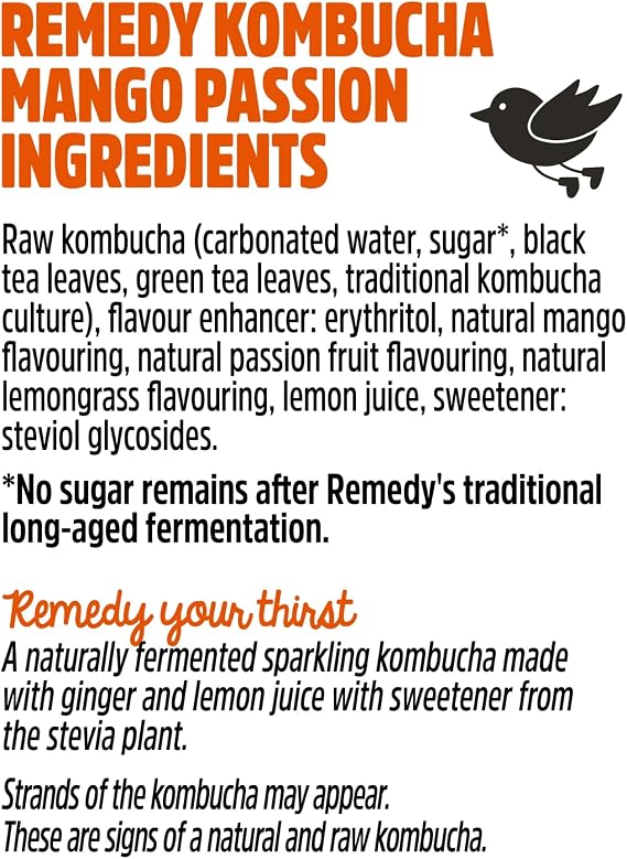 Remedy Kombucha Tea - Mango Passion - Sparkling Live Cultured, Naturally Sugar Free Soft Drink - Probiotic for Gut Health - 6 x 700ml
