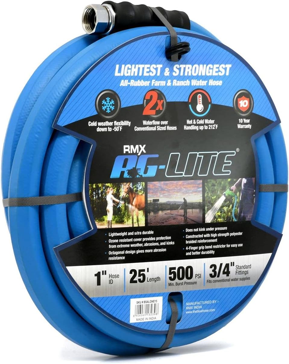 AG-LITE BSALONE25 1" x 25' Hot/Cold Water Rubber Garden Hose, 100% Rubber, Ultra-Light, Super Strong, 500 PSI, 50F to 190F Degrees, High Strength Polyester Braided, 2x Water Flow