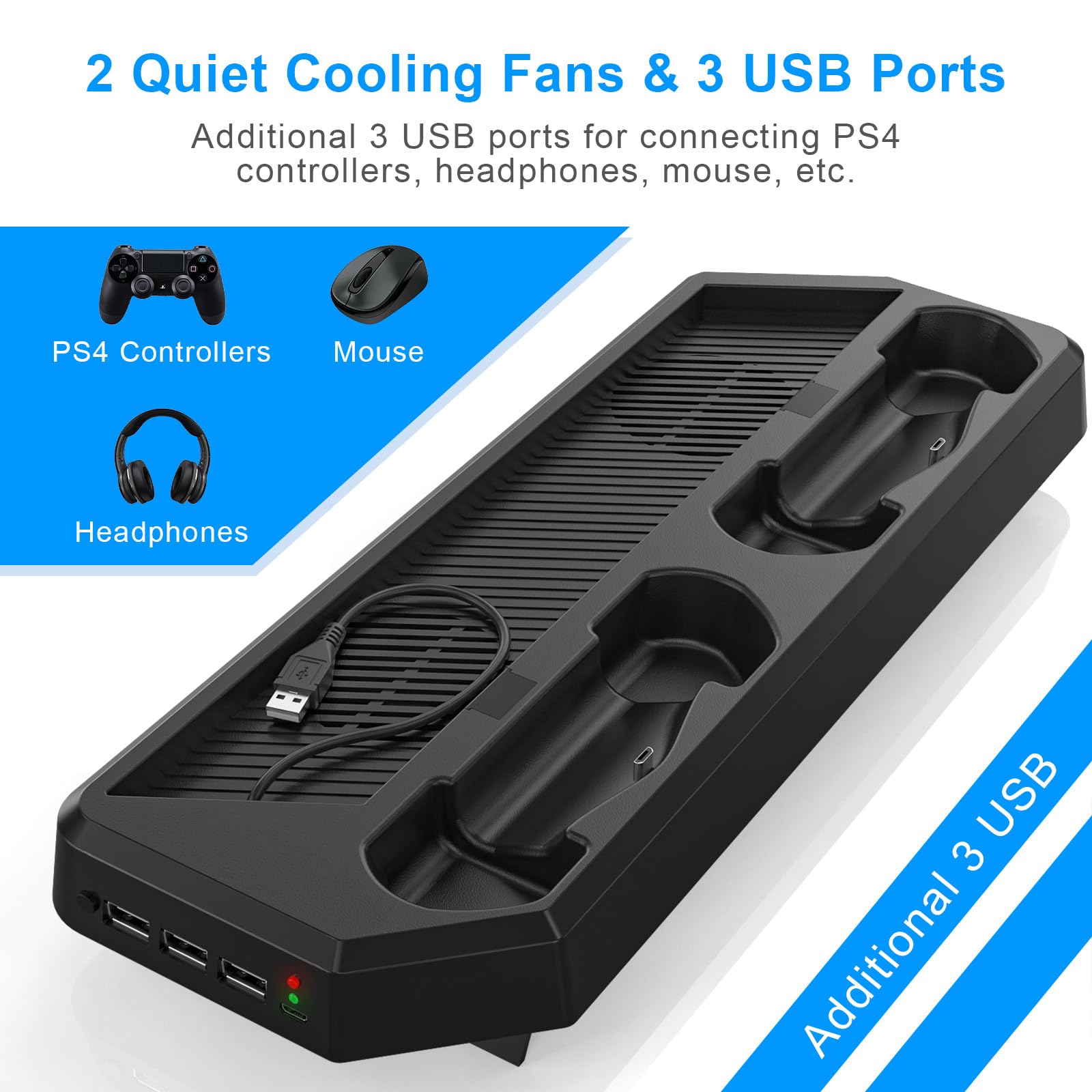 KEKUCULL Estación de carga de controlador para PS4Pro, soporte vertical con estación de carga de controlador dual, ventilador de refrigeración dual y 3 puertos USB (solo para PS4Pro)