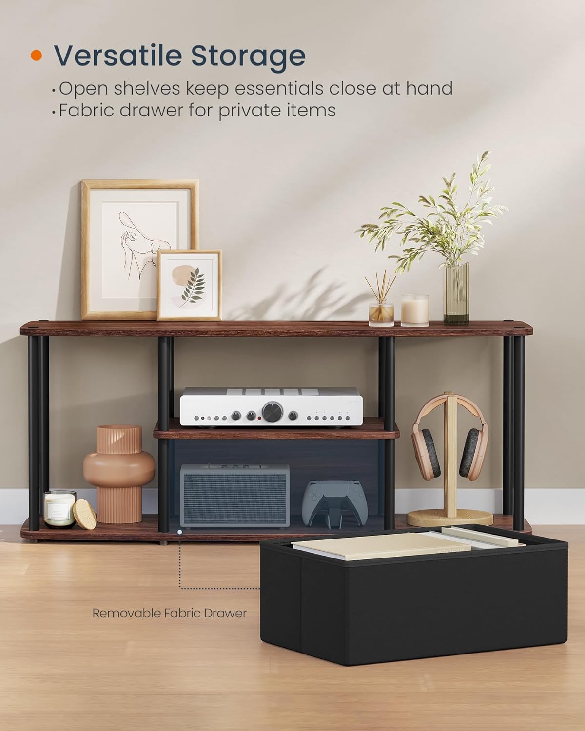 SONGMICS HOME Superfast Toolless Assembly, TV Stand for TVs up to 50 Inches, TV Cabinet Unit, Media Center Table, Living Room, 43 x 14 x 18 Inches, Shelves, Natural Walnut and Ink Black ULTV500K01