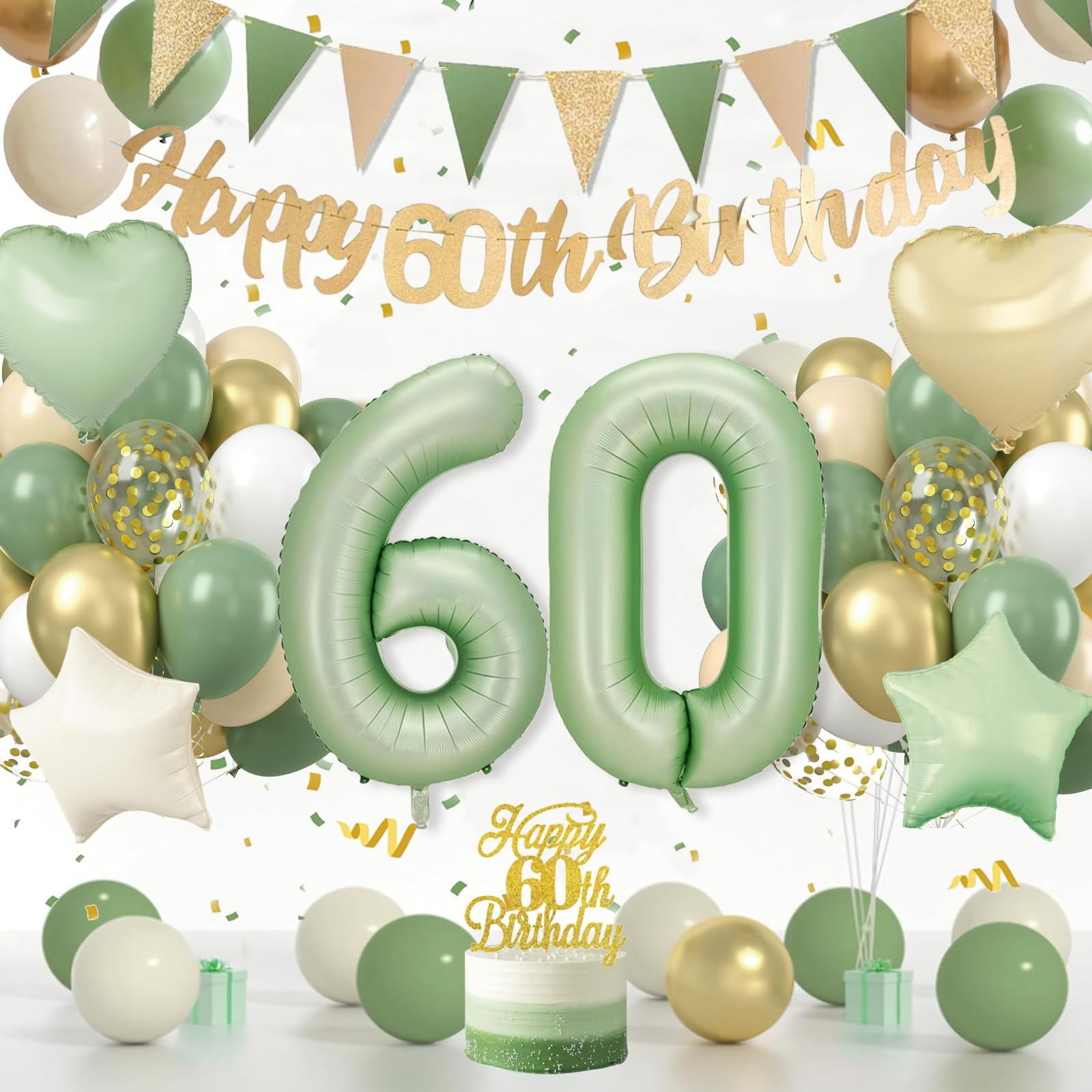 60 Geburtstag Deko, Deko Mann Frau, Salbeigrüne Luftballon Mit Happy Birthday Banner, Ter Dekoration, Party Dekoration Frau