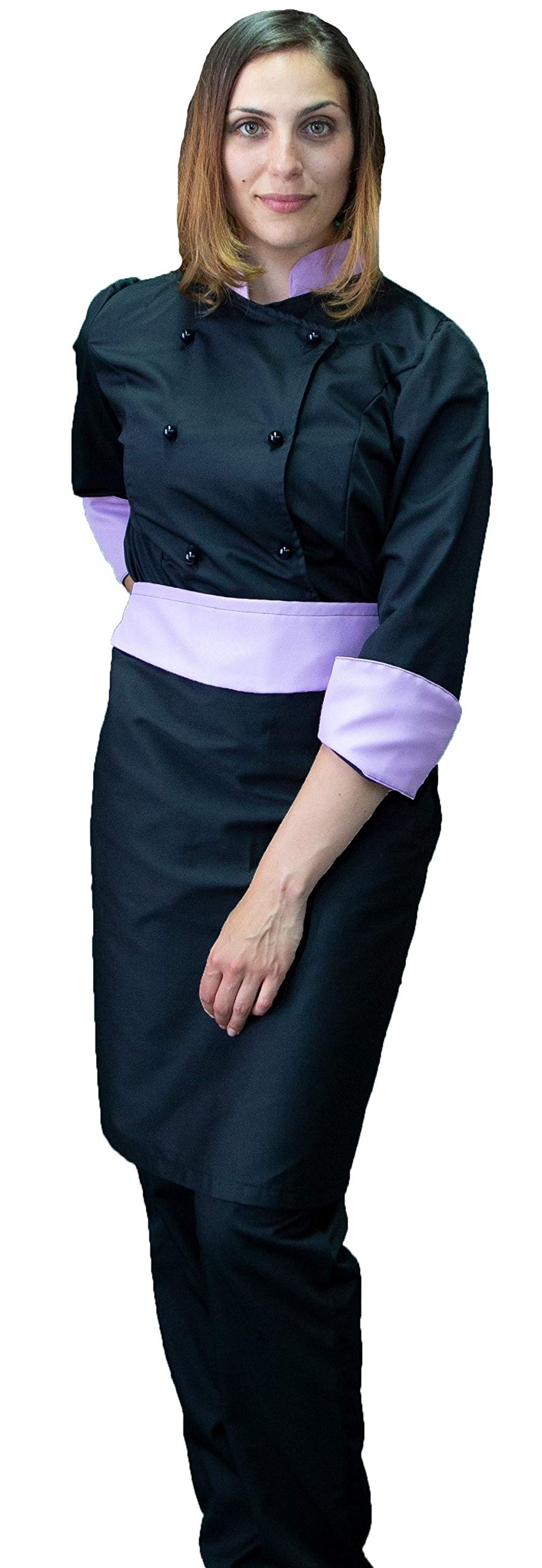 Ricamo Gratuito - Completo Cuoco da Cucina - Nero e Lilla - Divisa Chef Donna - Pantalone, Giacca e Grembiule - Made in Italy