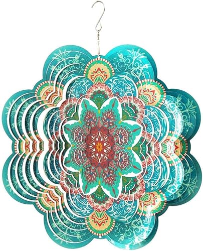 FONMY - Molinillo de viento de acero inoxidable 3D manualidad para decoración de jardín de 12 pulgadas multicolor diseño de mandala flores