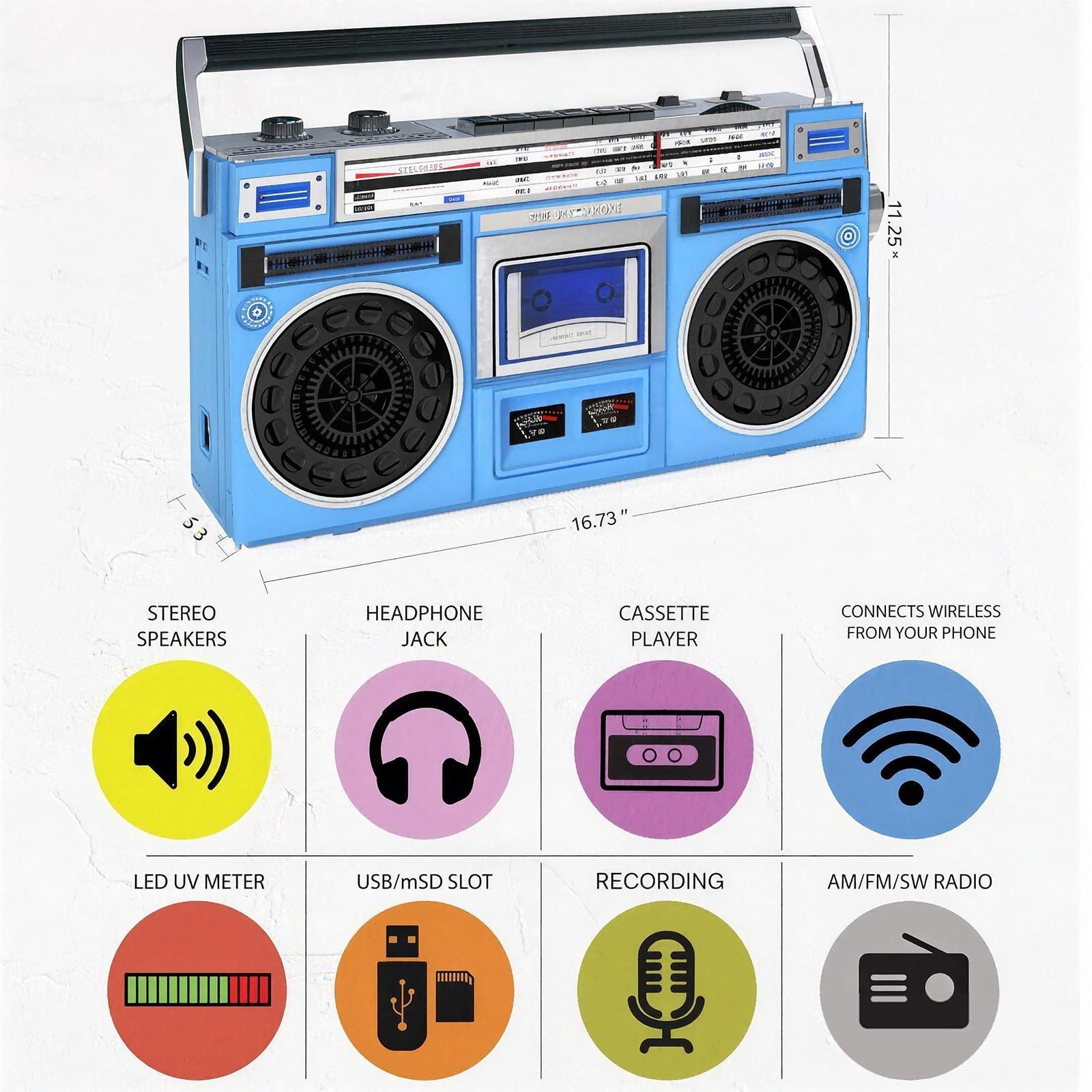 Odtwarzacz kasetowy Retro Boombox z Bluetooth, radiem AM/FM, odtwarzaniem USB/Micro SD, magnetofonem kasetowym, przenośnym głośnikiem stereo wyświetlaczem LCD i dwoma miernikami VU