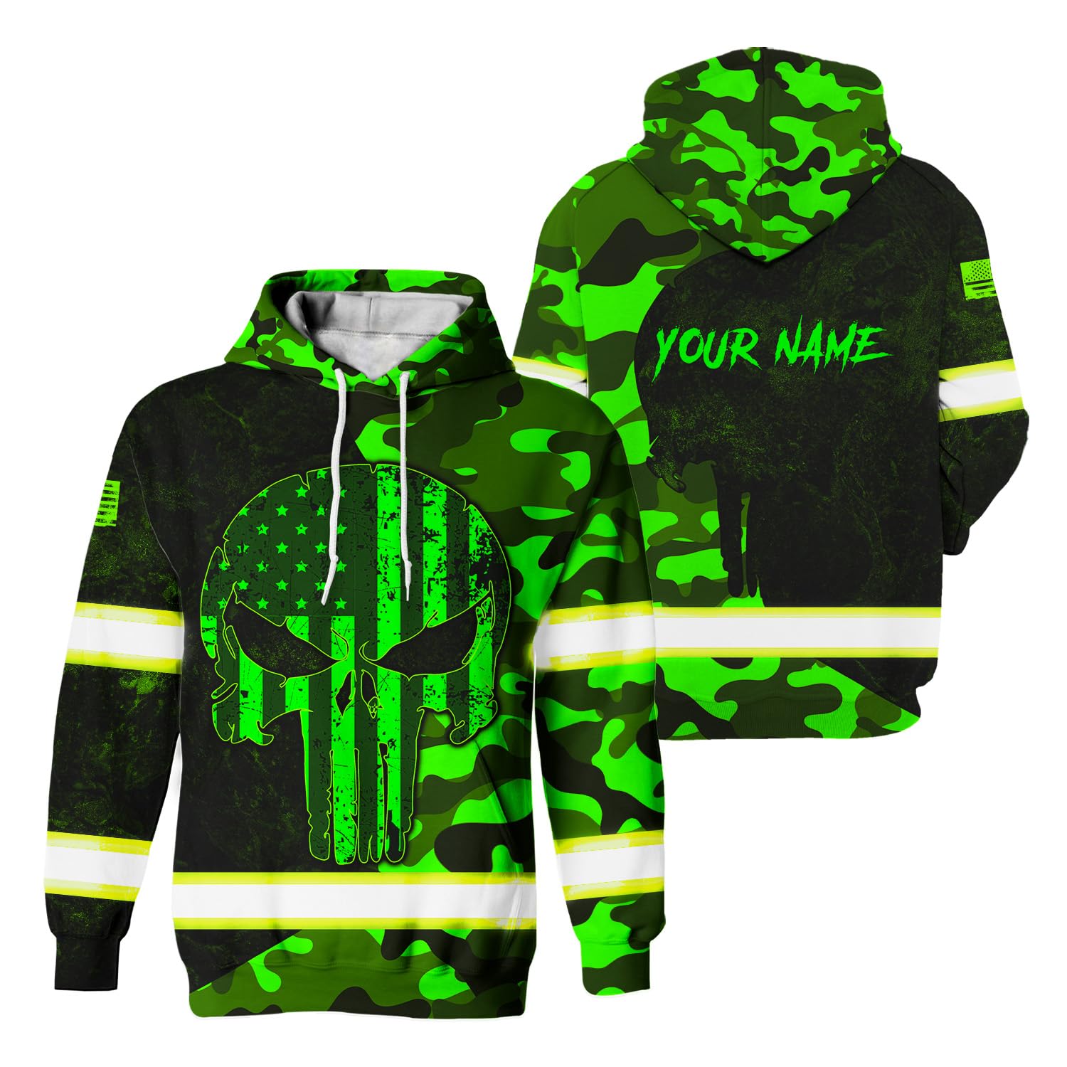 Maddly Hi Vis Hoodie Reflective Skull US Flag Green Camo Neon Custom Name Safety Workwear for Workers, Runners, Cyclists, Truckers, Operator, Skull Lover-2XL