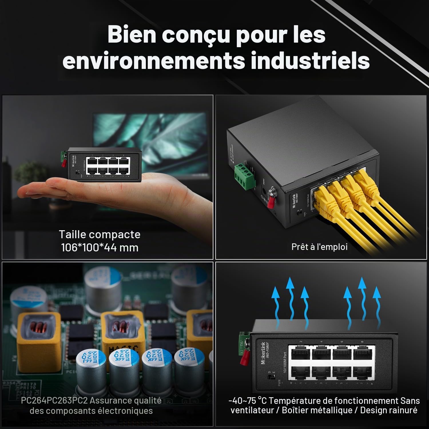 MokerLink Commutateur rail DIN industriel à 8 ports, 8 ports Ethernet 10/100 Mbit/s, portée 250 m, rail DIN en métal et support mural inclus