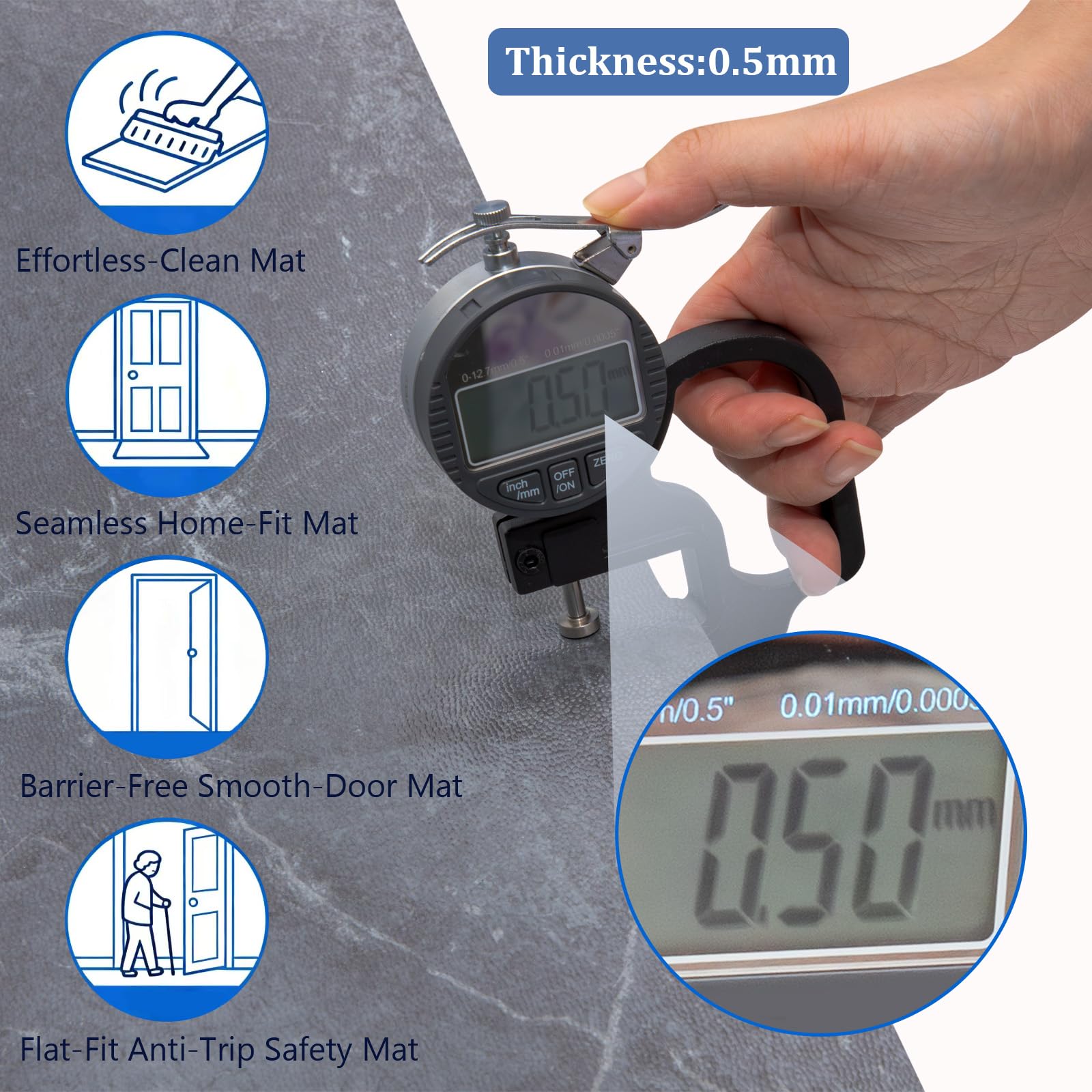 Homease 0.5mm Grey Marble Vinyl Flooring Roll 39.4" x 196.8" PET Leather-Like Waterproof Wear-Resistant Peel & Stick, Easy DIY Floor Covering for Kitchen Bathroom Rental Home, Durable