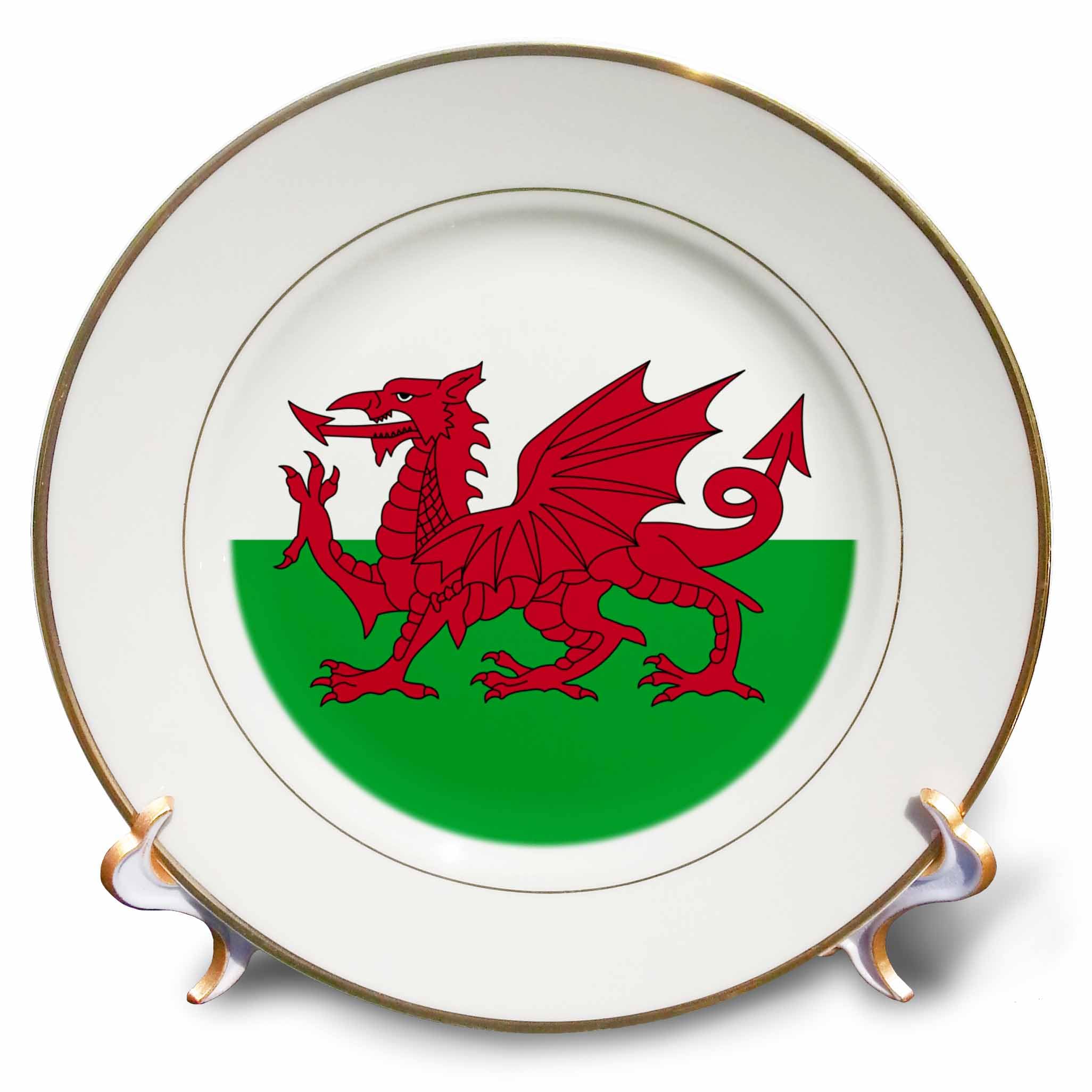 3dRose cp_158289_1 Flag of Wales Welsh Red Dragon on White and Green Y Ddraig Goch UK United Kingdom Great Britain Porcelain Plate, 8-Inch