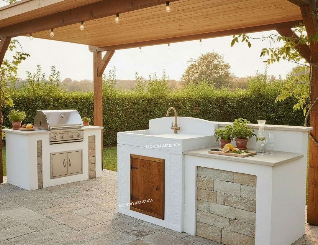 Lavandino Con Mobile, Lavabo Per Esterno, Cucina Da Giardino, Misure: 84X44 H 100, Sfumato Grigio