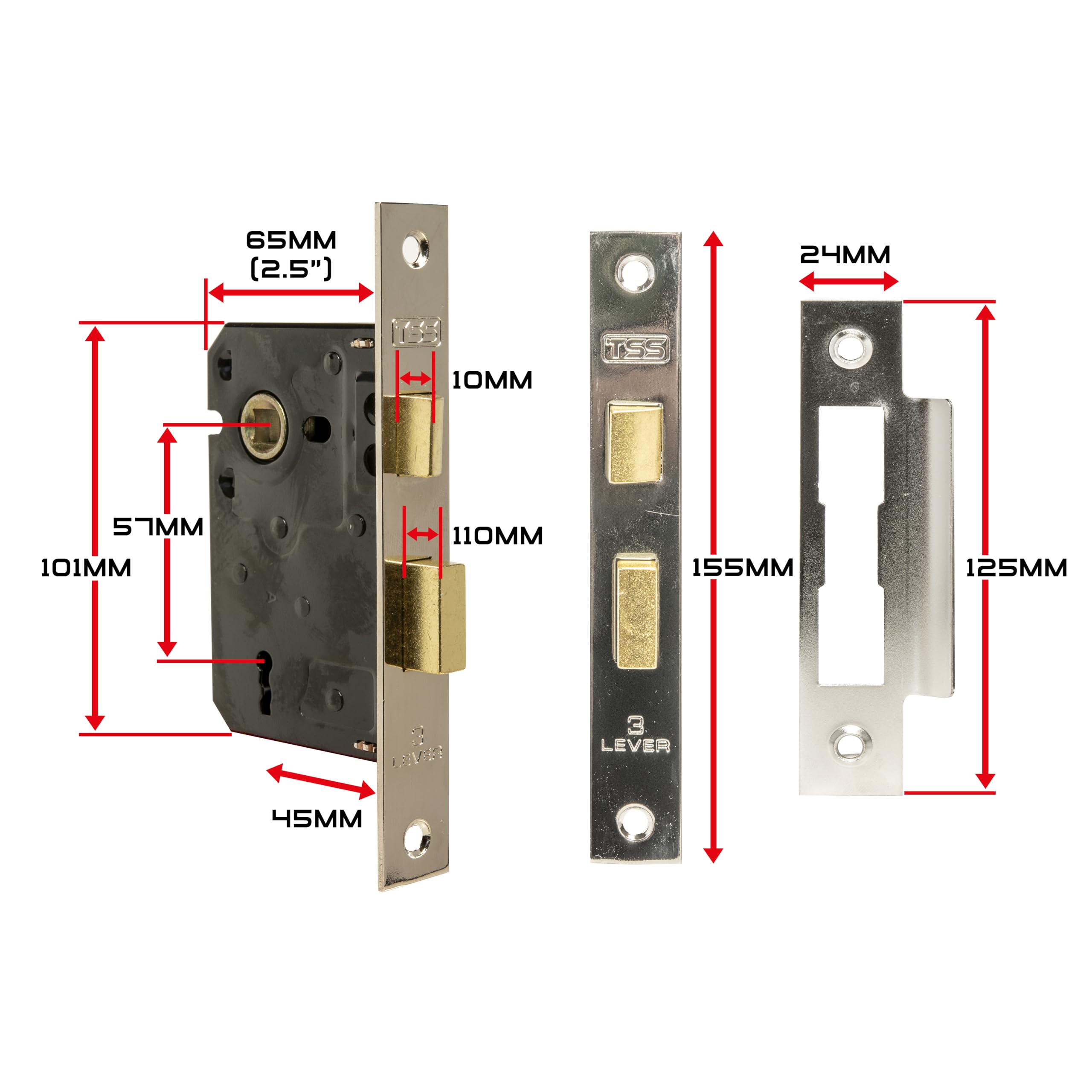 TSS 3 Lever Mortice Sash Lock for Internal Doors 2.5" (65mm) in Satin Chrome. Internal Door Lock with 2 Keys. Door Lock with Key for Internal and External Doors - Image 4