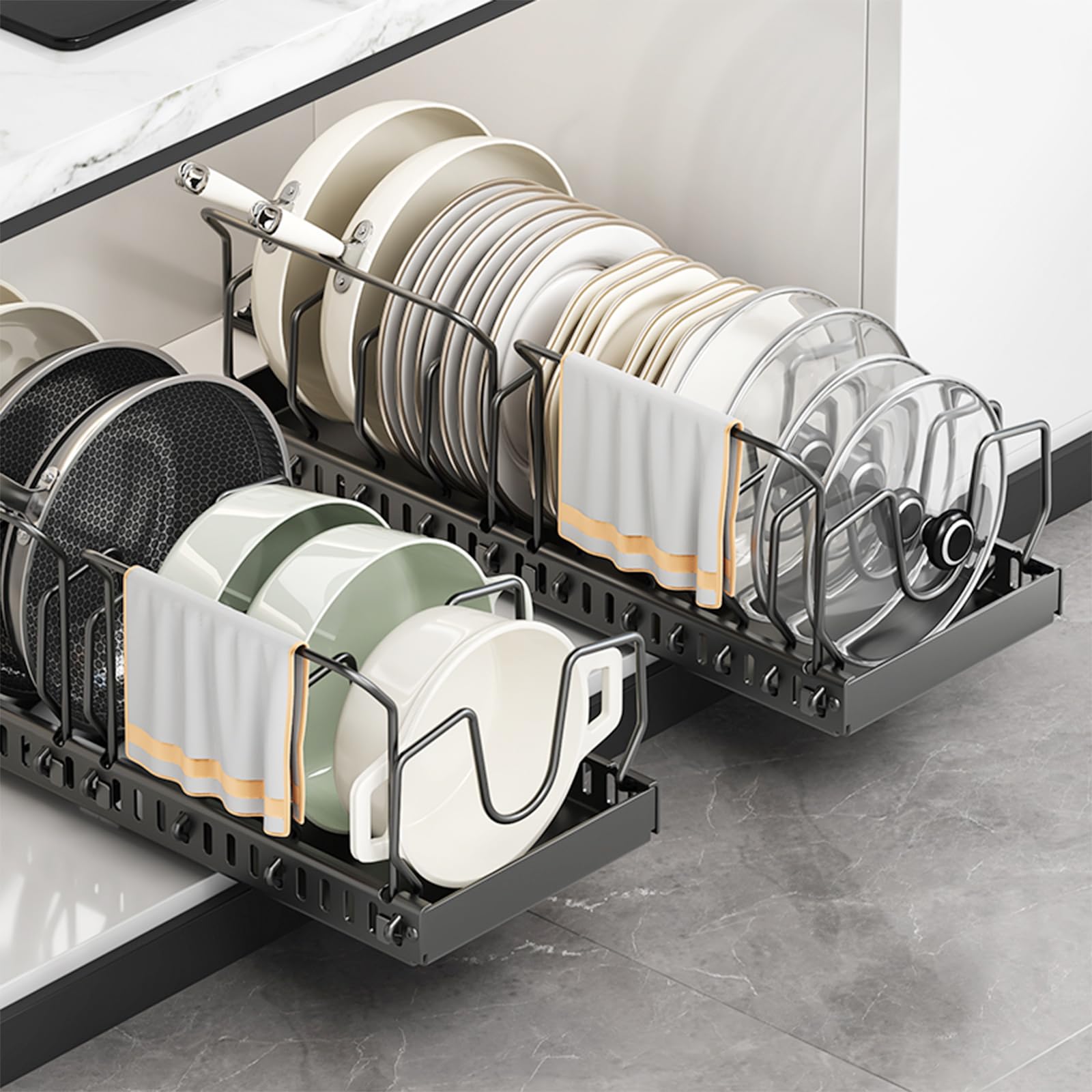 Ensemble de 2 casseroles et poêles Organisateur avec 2 supports de poignée, Organisateur de couvercle coulissant avec 10 séparateurs de couvercle réglables (Noir)