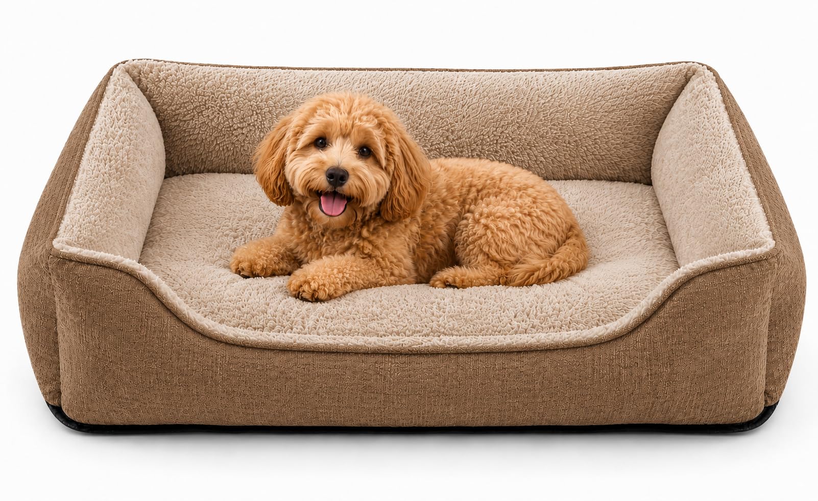 SuperGift.com Fluffy Calming Pet Bed for Dogs & Cats – Soft Plush Washable Cushion Sofa Bed with Raised Sides, Anti-Slip Base (Brown, M)