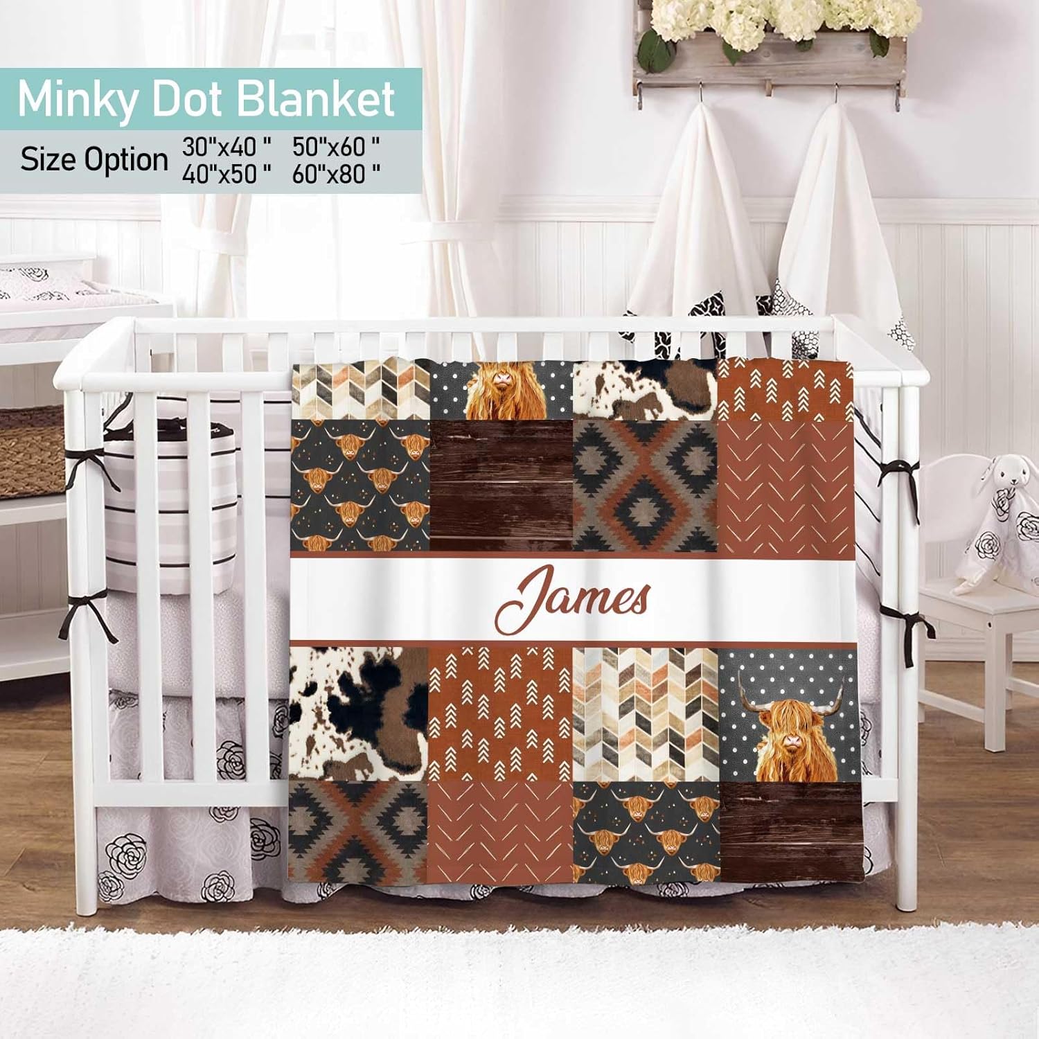 Custom Name Baby Crib Bedding Sets for Boys Girls, 3 Piece Personalized High Land Cow Brown Baby Crib Set, Minky Dot Blanket, Fitted Sheet, Changing Pad Cover, Nursery Bedding Sets for Infant Toddler