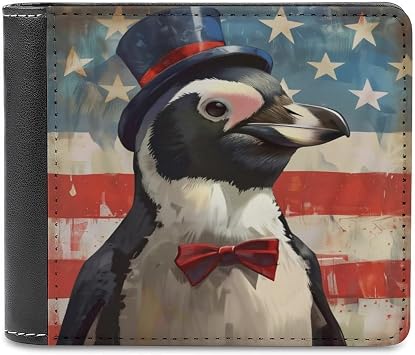 Patriotic Penguin Wallet for Men Women Slim Wallet Leather Purse Business Card Holder Boys Gifts Money Bag Protable 4.6" L X 3.7" W