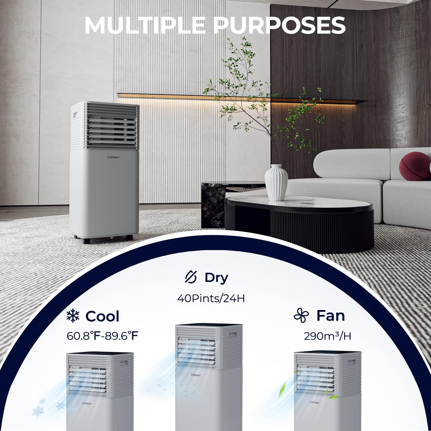 COSTWAY Portable Air Conditioners, 8000 BTU Portable AC Unit with Remote Control, Cooling for Room Spaces up to 230 sq.ft, with Sleep Mode, 24H Timer, Dehumidifier, Fan (8000 BTU, Grey)