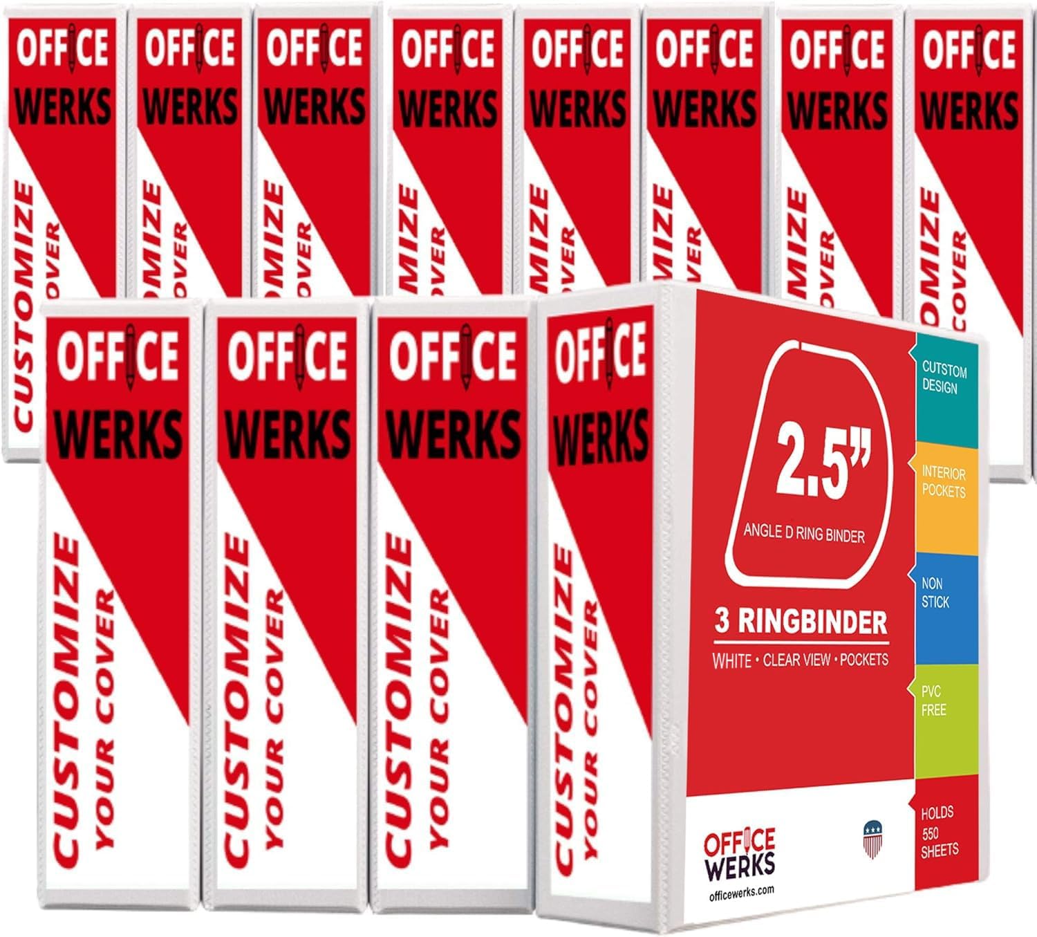 Office Werks 3 Ring Binder, Professional D Ring 2.5 Inch, 12 Presentation Folder for Standard Pages 8.5 x 11 with Pockets, Crystal Clear View White (12 Pack)