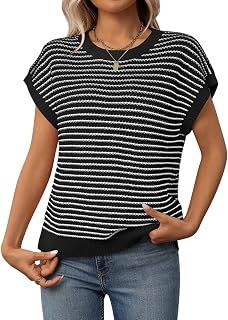 Women's Short Sleeve Knitted Sweater Vest Striped Round Neck Beanie Sleeve Pullover Summer Top