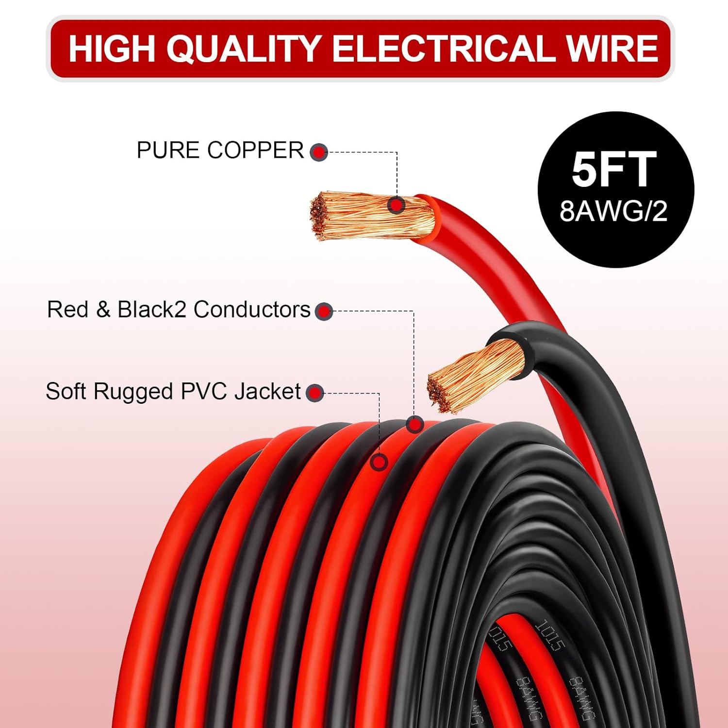 Pathosky 8 Gauge Wire 5FT Red Black Hookup Electric Cable 2 Conductors Copper Cable, 8/2 awg Copper for Speaker, RV, Led Lights, Autos, Automotive, Trailer