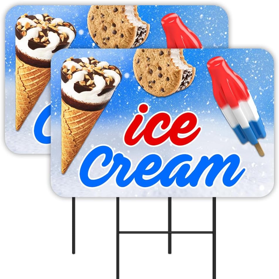 Ice Cream 2 Pack Double-Sided Yard Signs 16" x 24" with Metal Stakes (Made in Texas)