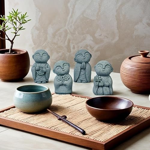 Miniatura 8 de Estatua de monje de Buda japonés, Bosatsu, Feng Shui, estatua de monje rezante, piedra arenisca felizsonriente, adorno en miniatura para pecera,