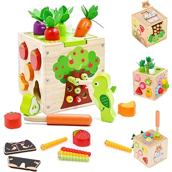 5 in 1Montessori motor skills cube activity cube plug-in cubes included assigning shapes harvesting carrots catching insects gears wooden cubes early development and activity toys educational toy from 1 year