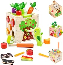 5 in 1 Montessori Wooden Cubes include Matching Shapes,Harvesting Carrots,Insect Catching,Rotating Gears,Wooden Activity Cube,Educational Children Toys,Baby Gifts 1 Year.