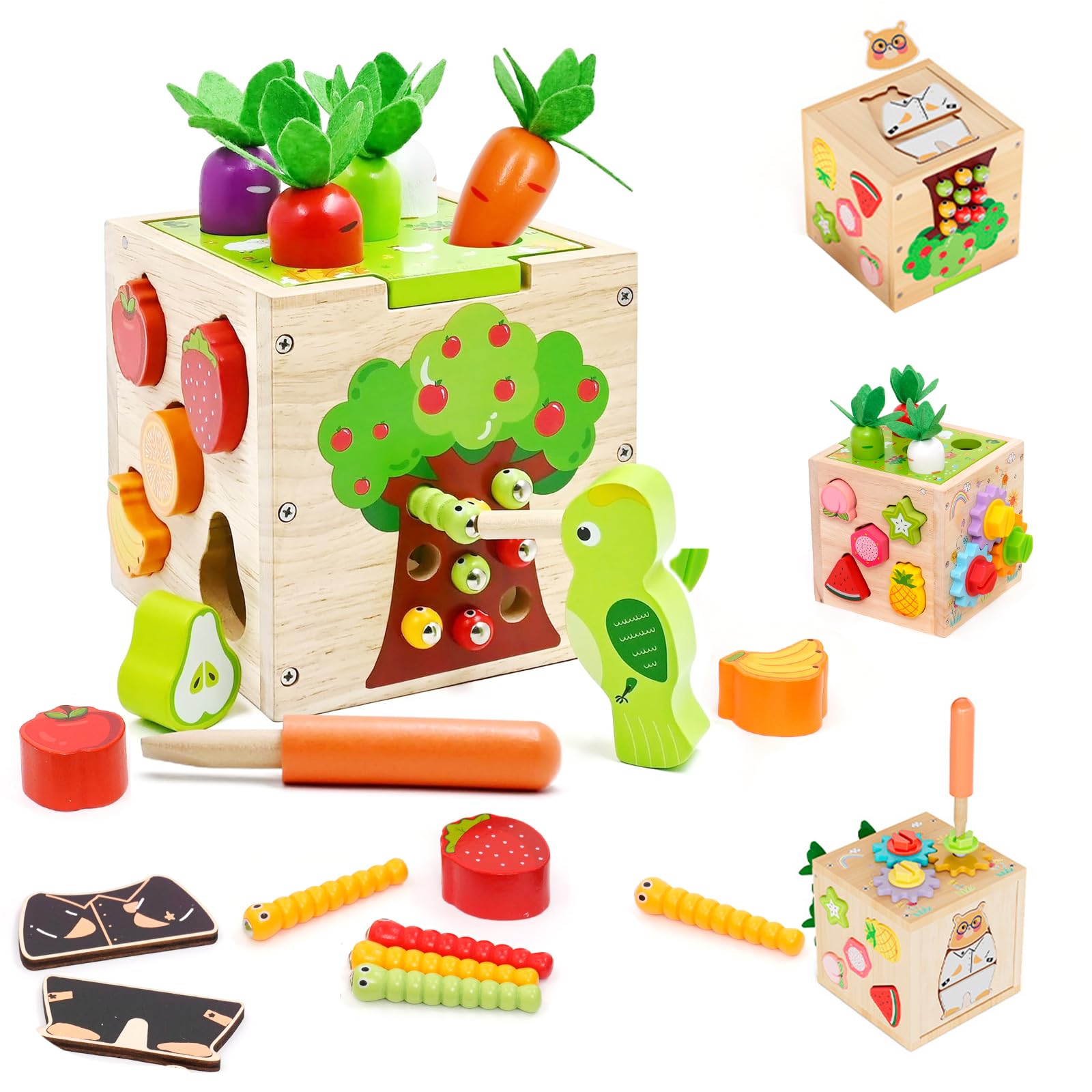 5 en 1 Montessori Cubos de Madera incluir Emparejamiento de formas,Cosechar zanahorias,Captura de insectos,Engranajes giratorios,Cubo actividades madera,Juguetes niños educativos,Regalos bebé 1 año.