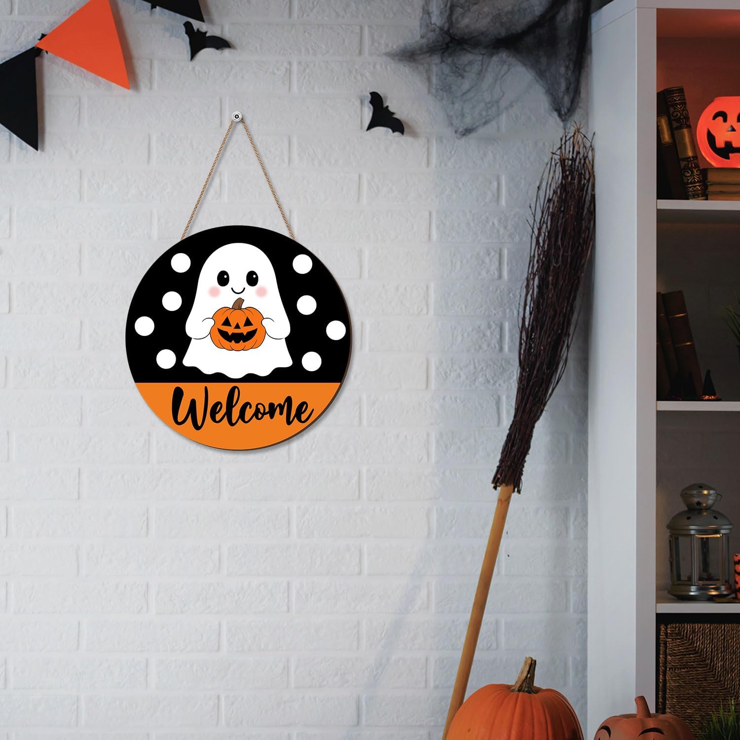 Halloween Ghost Door Sign, Halloween Cute Ghost Welcome Front Door Hanger, Pumpkin Wooden Wreath Wall Sign For Home Party Outdoor Yard Decor Farmhouse Decorations Round