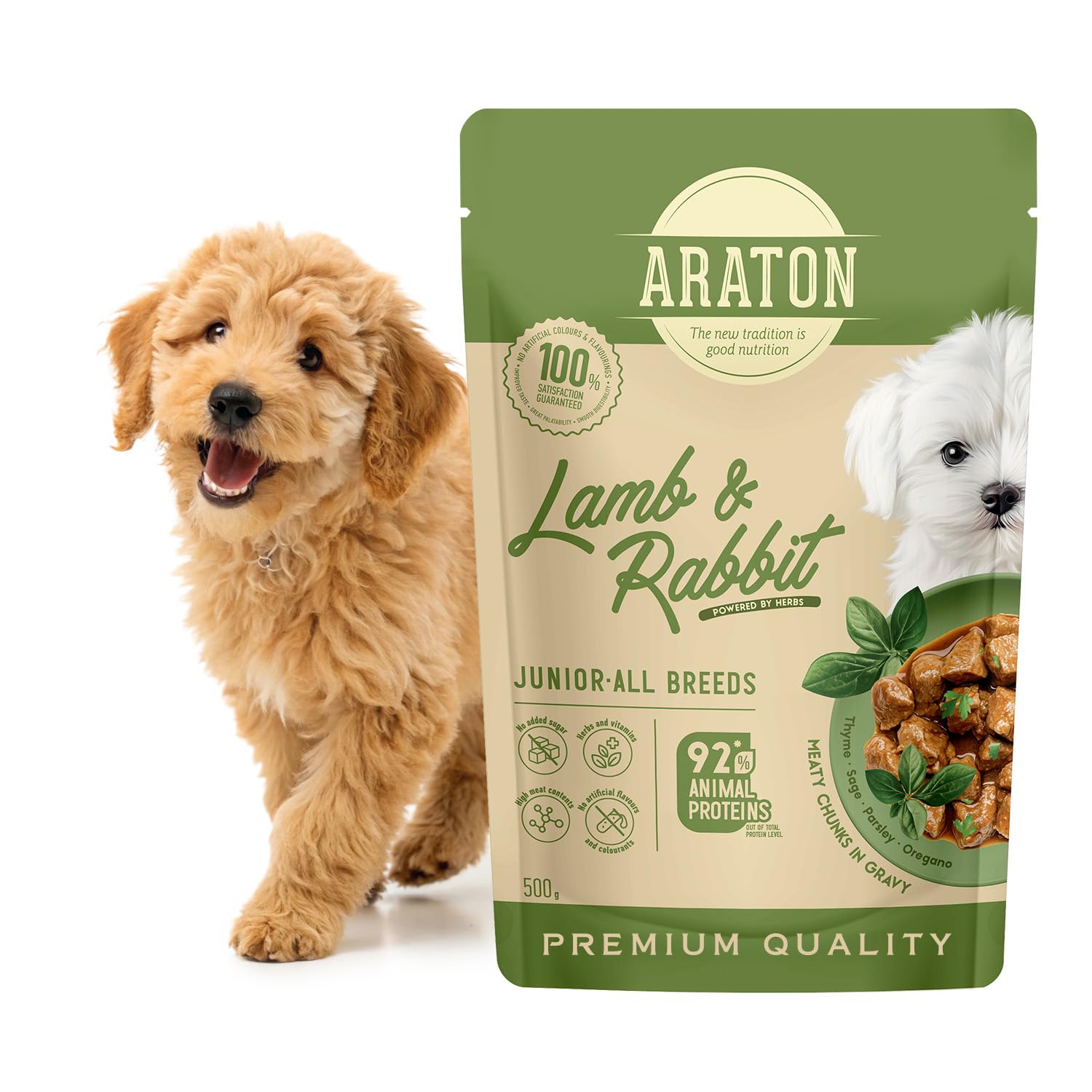 ARATON Wet Puppy Food Pouches with Lamb & Rabbit, 93% Animal Protein, 500g