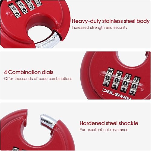 Miniatura 3 de DELSWIN Candado de combinación para exteriores, cerradura de disco resistente de 4 dígitos con grillete endurecido, candado combinado para puerta,