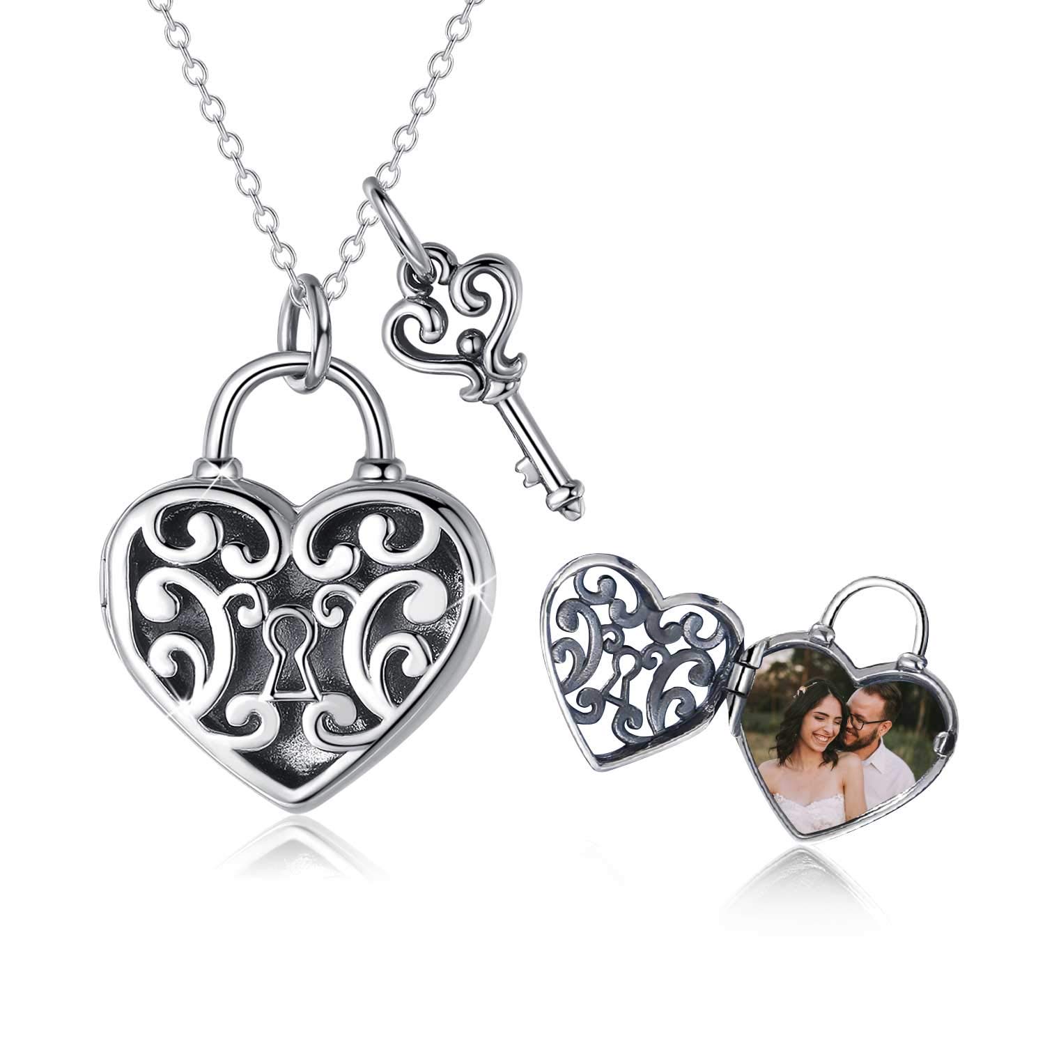 CuokaHeart Locket Necklace That Hold Two Photos, 925 Sterling Silver Lock and Key Set, Mother Day Anniversary Birthday Gift for Women Girlfriend with Gift Box (Key & Heart)