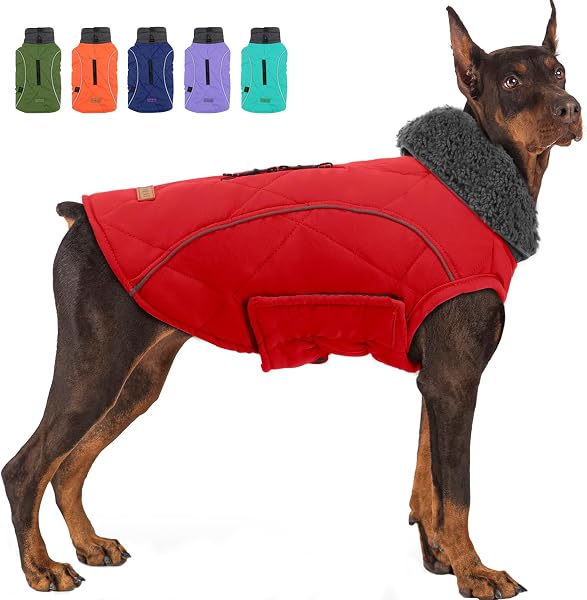 EMUST Dog Coats Winter, Thick Dog Clothes for Medium Dogs Boy, Coats for Dogs Winter with Harness Hole, Dog Coats for Cold Weather, Red, M - 1