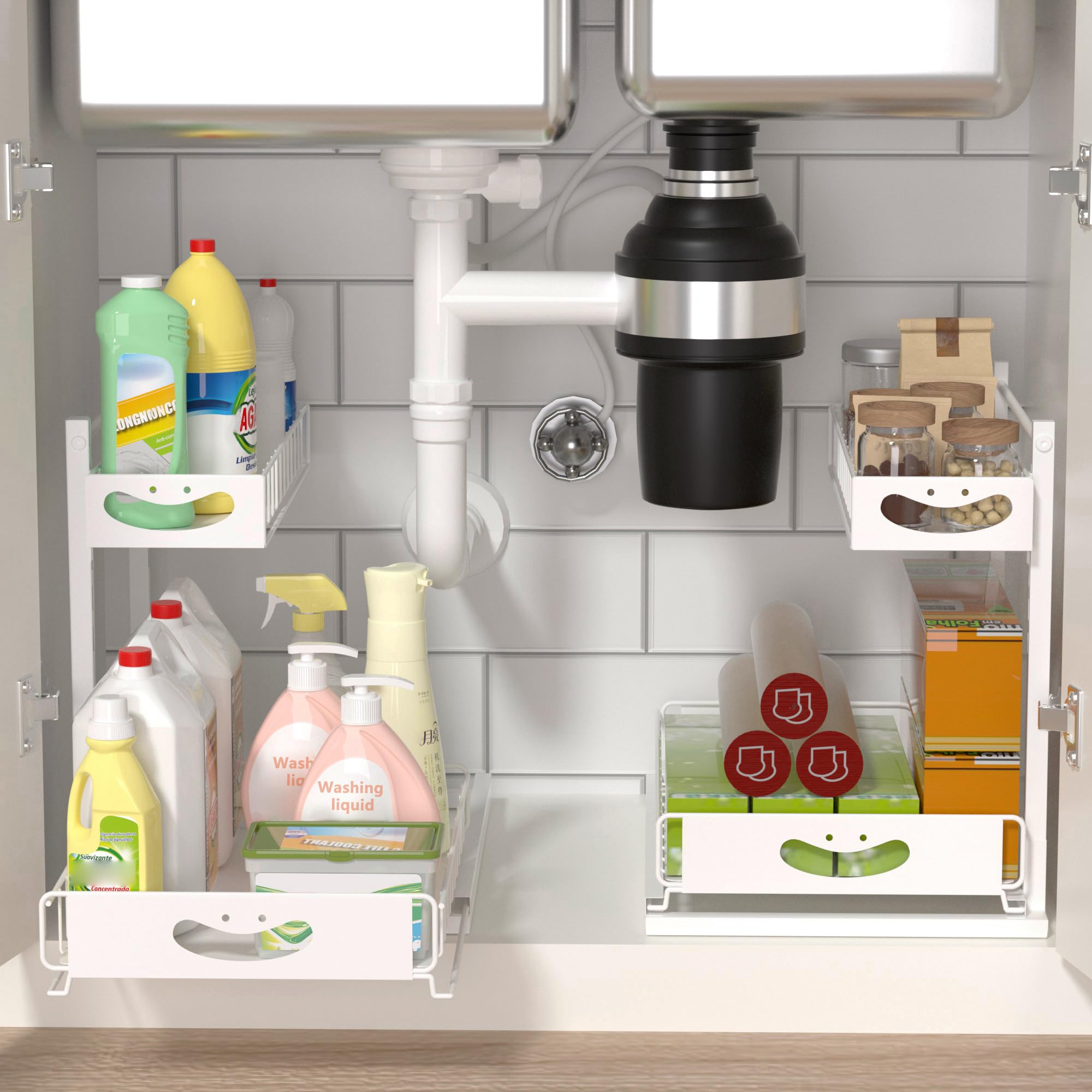 Organizzatore sotto il lavandino a 2 livelli, organizer estraibile in altezza regolabile, organizer per bagno e stoccaggio, organizer per armadietti, organizer per mobili da bagno, bianco