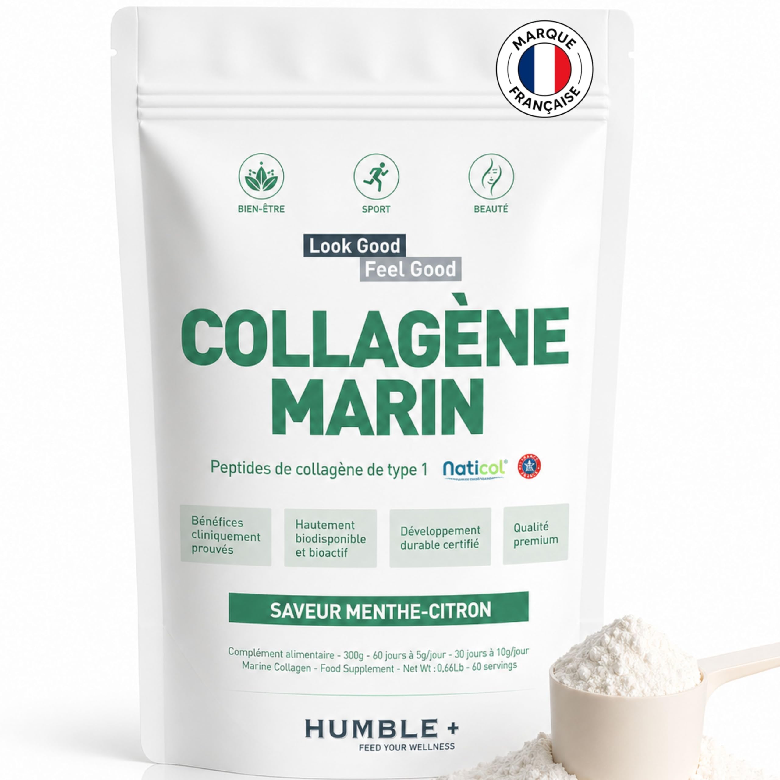 Collagène Marin Naticol® en poudre - Sachet de 300g - Goût Menthe et Citron - Confort articulaire, Récupération musculaire et Beauté de la Peau - 60 doses à 5g/​jour - Humble+ - Fabriqué en France