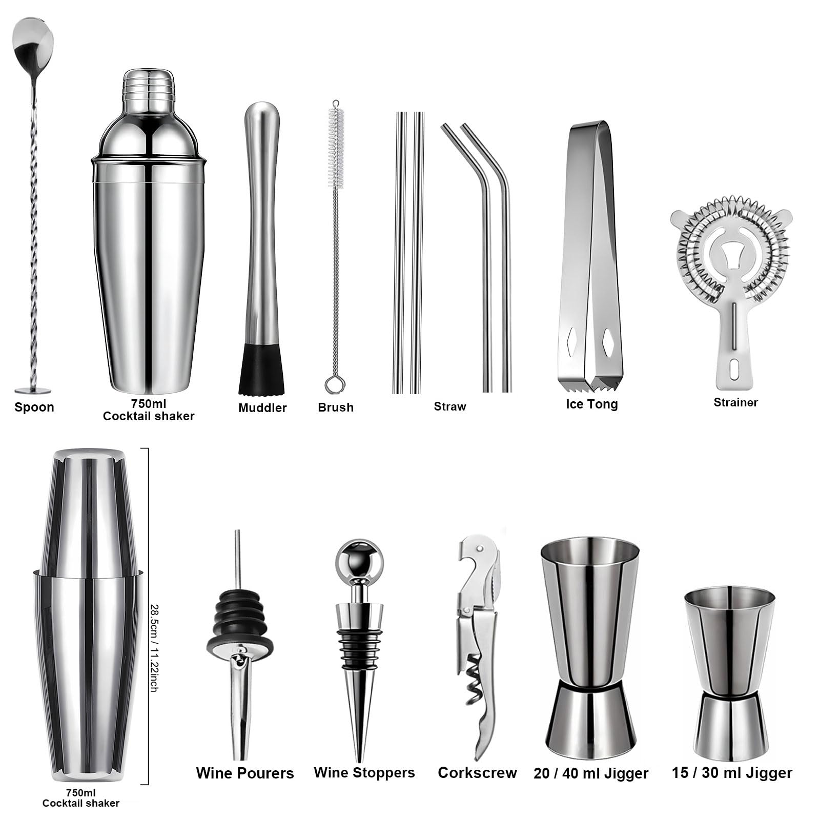 Coctelera para Cócteles Kit 20 piezas Coctelera de Acero Inoxidable Con Soporte acrílico Profesional Barman Herramientas Cóctel Recetas set de regalo para Mezclar Bebidas,Barra,hogar,Fiestas