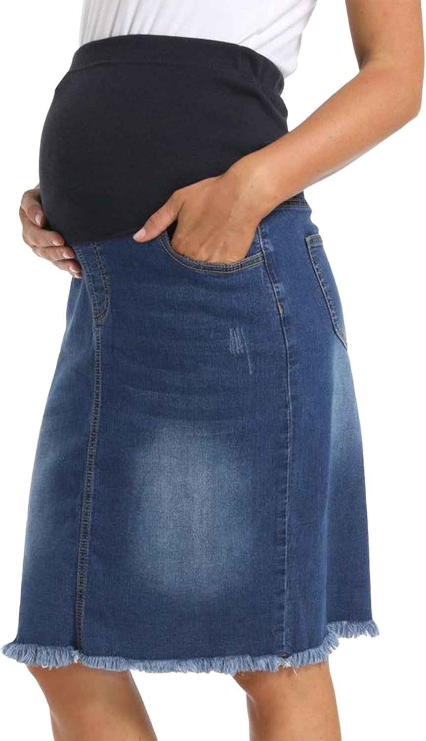 Maternity Denim Skirt Knee Length Pregnancy Jean Skirt with Pockets Frayed Hem Casual Skirts for Women