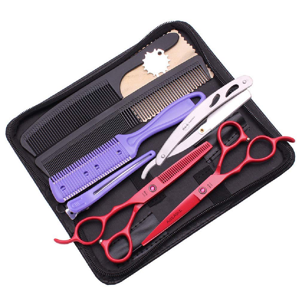 YODZ 5.5/6.0/7.0 Pulgadas Conjunto De Tijeras De Peluquería Zurda, Barberos Tijeras De Corte De Cabello Profesional Tijeras De Estilo 10 PCS Kit, Luz Y Afilado, para Hombres, Mujeres,Rojo,6.0 Inch A