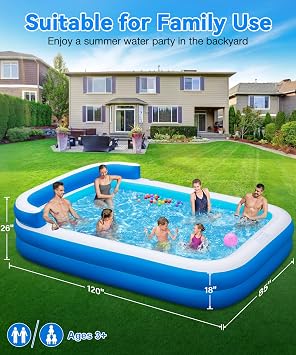 Large Inflatable Swimming Pool - 120 x 85 x 26 Blow Up Pool for Adults and Kids with Seat & Air Pump, for Backyard Lawn Indoor Outdoor Use