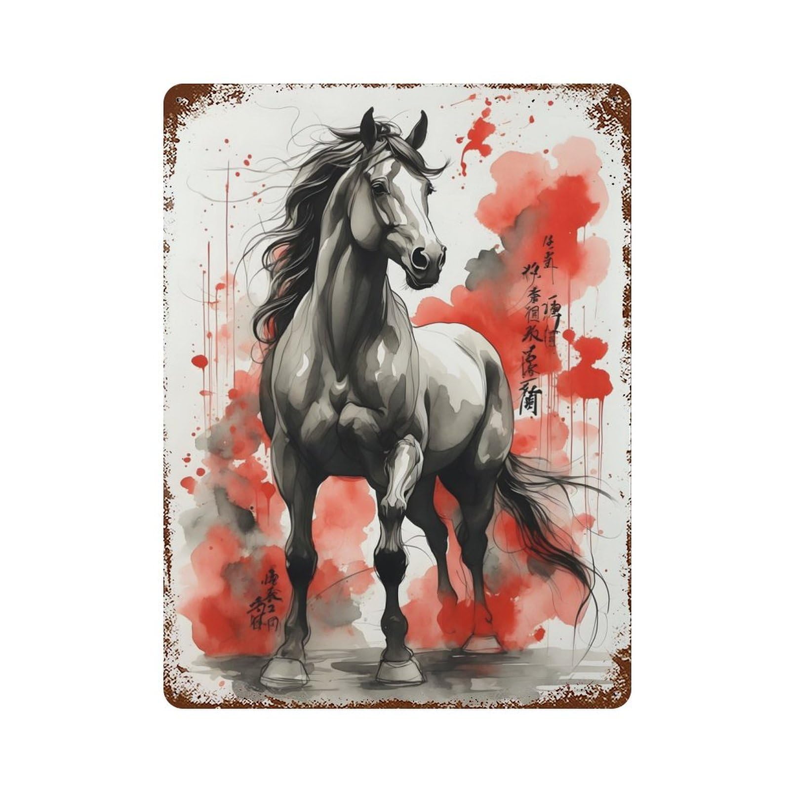 Japan Ink Horse Vintage Wall Sign 15.7"x11.8", Rust Effect Metal Decor for Farmhouse, Kitchen And Entryway Decor