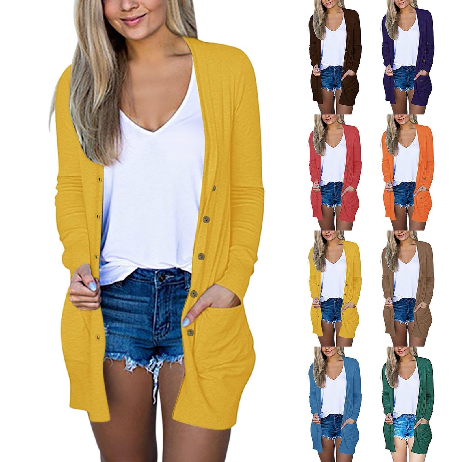 Women's Fashion Loose Casual Pocket Solid Color Long Sleeve Button Cardigan Jacket Tops KXC6CBXZ5617