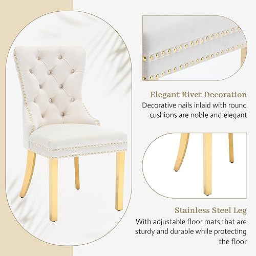 Miniatura 6 de KCC Juego de 4 sillas de comedor tapizadas en terciopelo, sillas modernas capitoné con tirador de anillo con cabeza de león y patas de acero Piernas